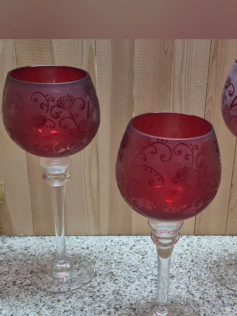 Red Frosted Glass Candle Holder Set of 3 Etched Floral Scroll Clear Stem Chalice